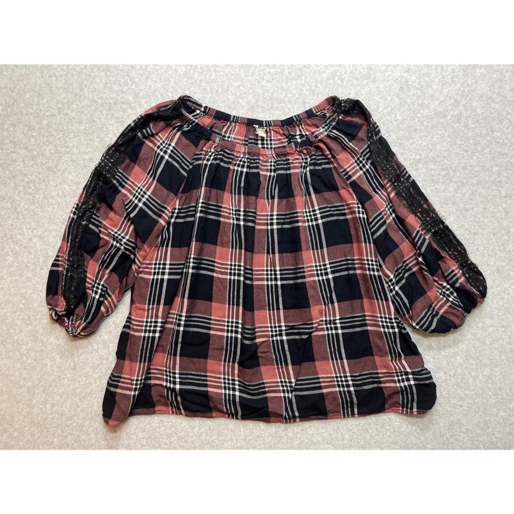 Est 1946 Womens Plus 22/24W Pink Navy Plaid Lace Trim Balloon Sleeve Blouse